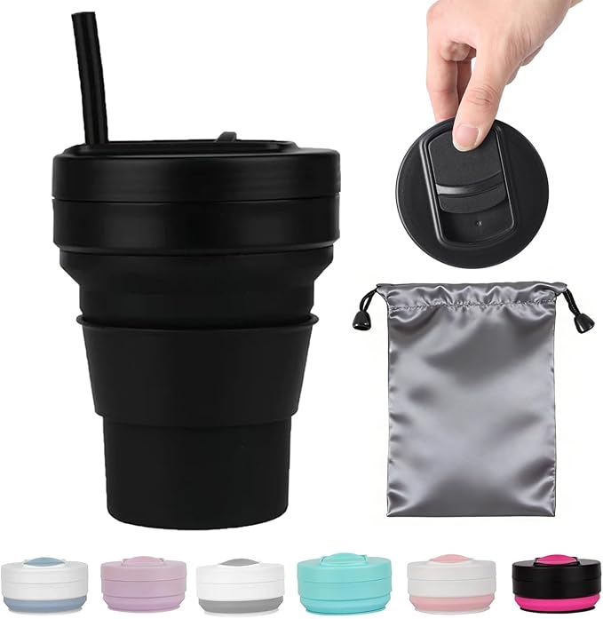 12 Oz Silicone Collapsible Travel Cup with Bag,Portable Silicone Water Bottle for Hot and Cold Beverages, Reusable Folding Drinking Cup with Lids 350ml for Outdoor Camp Hiking Travel with Straw -Black