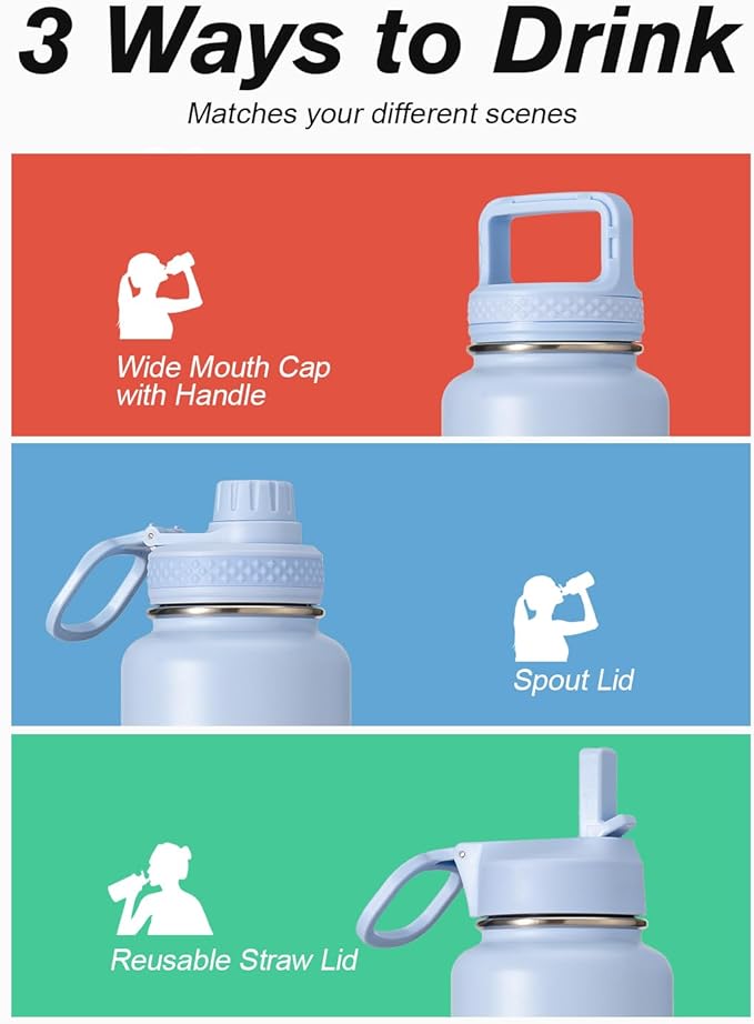 Water Bottle 40 oz Insulated with Straw&Brush, Coolflask Vaccum Stainless Steel Metal 3 Lids Water Flask for Sports, Gym or Office, Keep Cold 48H Hot 24H, Light Blue