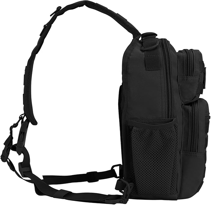 Rover Sling Pack Tactical Shoulder Sling Bag Backpack with Bottle Holder Crossbody Chest Bag, Black with Red Rope/Patch