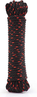 Rope Ratchet 1/4" 50 ft Braided Polypropylene Utility Cord, Weather Resistant Indoor Outdoor for Gardening, DIY Projects, Securing Loads, Binding, Knot Tying, Tarp Use, 150 lb Capacity - Black/Red