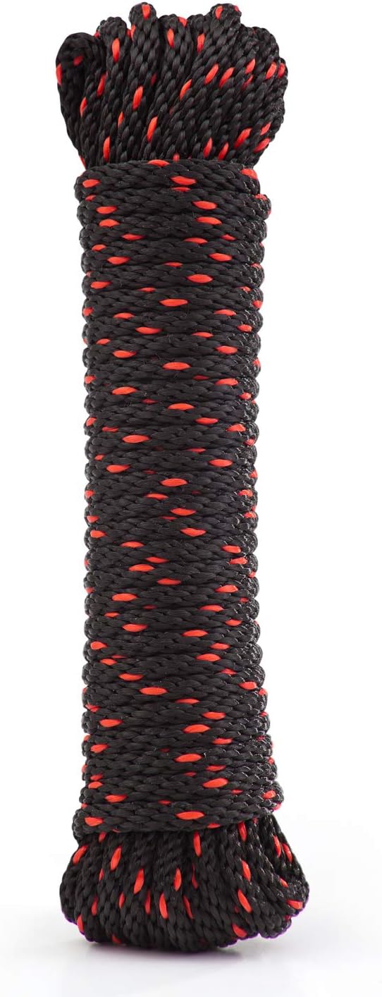 Rope Ratchet 1/4" 50 ft Braided Polypropylene Utility Cord, Weather Resistant Indoor Outdoor for Gardening, DIY Projects, Securing Loads, Binding, Knot Tying, Tarp Use, 150 lb Capacity - Black/Red