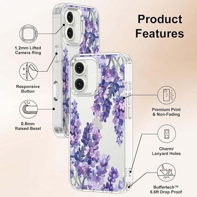 MOSNOVO Case for iPhone 16, [Buffertech 6.6ft Military-Grade Drop Protection] [Anti Peel Off Tech] Clear TPU Bumper Phone Case Cover Design - Lavender