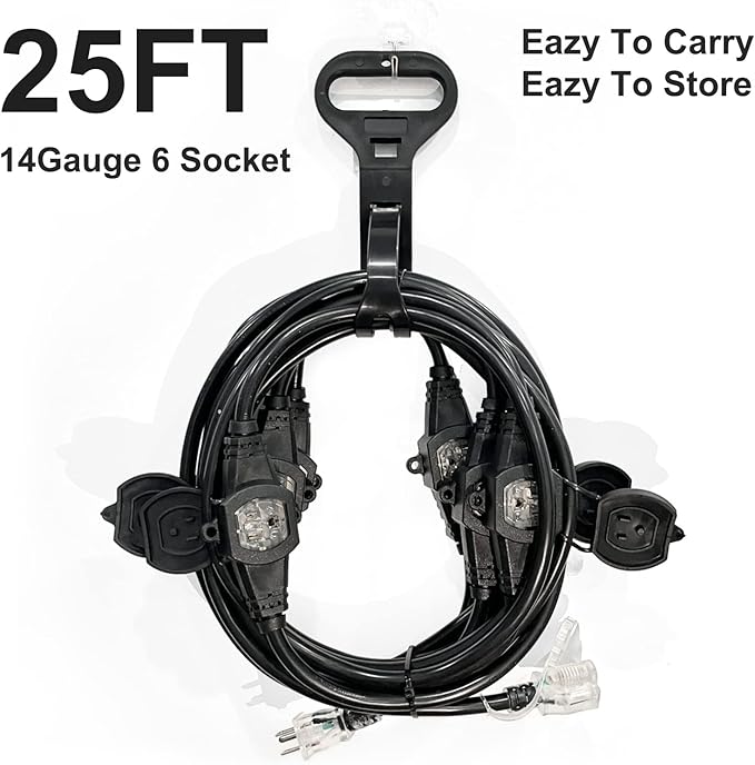 25Ft Power Extension Cord 3 Prong, 12 Gauge SJTW 5-15R Cable Male Plug to Female Connector,7 Outlets Multiple Evenly-Spaced Plug,Suitable for Stage Setting or Outdoor,UL Certified Outlet Cable