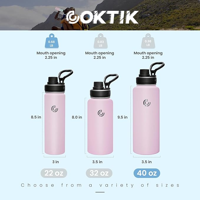 Sports Water Bottle 40oz, Insulated Water Bottle with Handle,Stainless Steel,Simple Modern,Suitable for Travel, School, Boy, Girl(Blush)