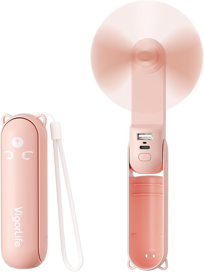Mini Handheld Fan,USB Rechargeable 3 IN 1 Personal Cooler Fans with Power Bank,LED Flashlight,Small Foldable Pocket Portable Cooling Fan-Travel & Emergency Essentials for Outdoor,Pink