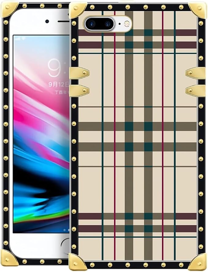 Compatible with iPhone 8 Plus 7 Plus Case, Black Red Beige Stripes Luxury Golden Decoration for Girl Women Soft TPU Shockproof Protective Hard PC Back for iPhone 8 Plus 7 Plus