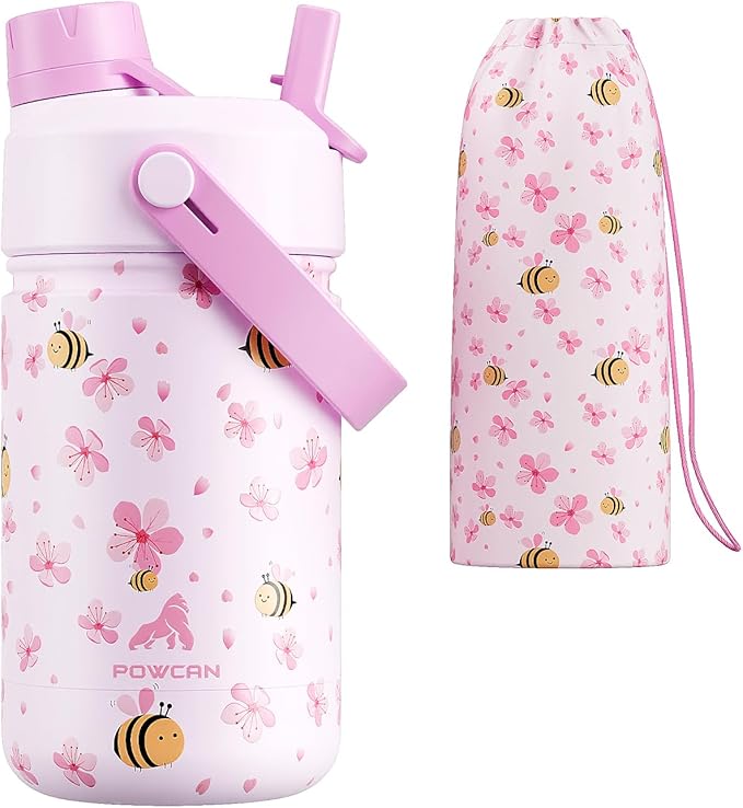 12 oz Kids Stainless Steel Water Bottle: 2-in-1 Straw Spout Lid, Leakproof, BPA-Free, Easy Clean, Keep Cold 24H, Cute Patterns, Stainless Steel Cup for School, Travel, Playtime, Gift (Bee in Bloom)