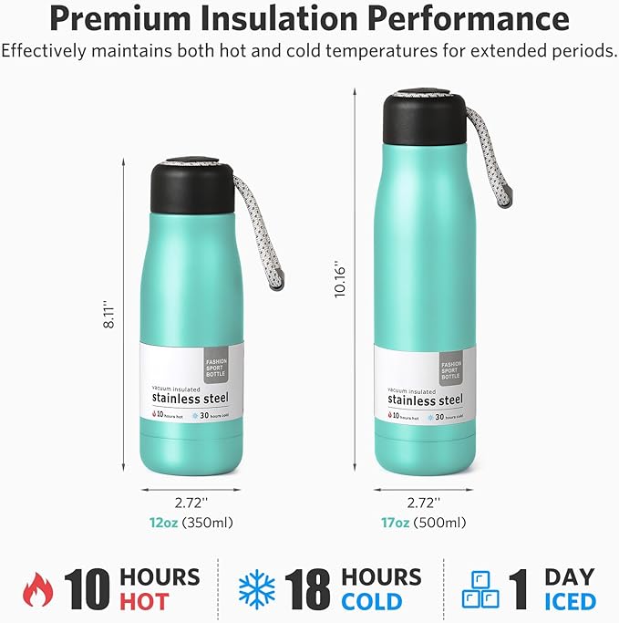 Water Bottle with Portable Lid Metal Thermos Vacuum Insulated Stainless Steel | Reusable Leak Proof Flask | 17oz