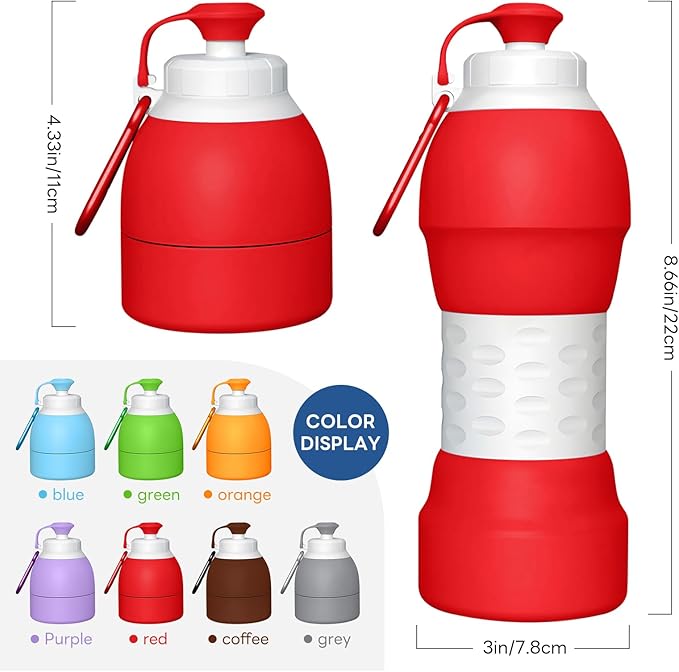 Collapsible Lightweight 20oz Water Bottle, Food-Grade Silicone BPA Free, Foldable Portable Leak Proof Office Travel Cycling Sports Outdoor Water Bottle with Vertical Hook (red, Short nozzle)