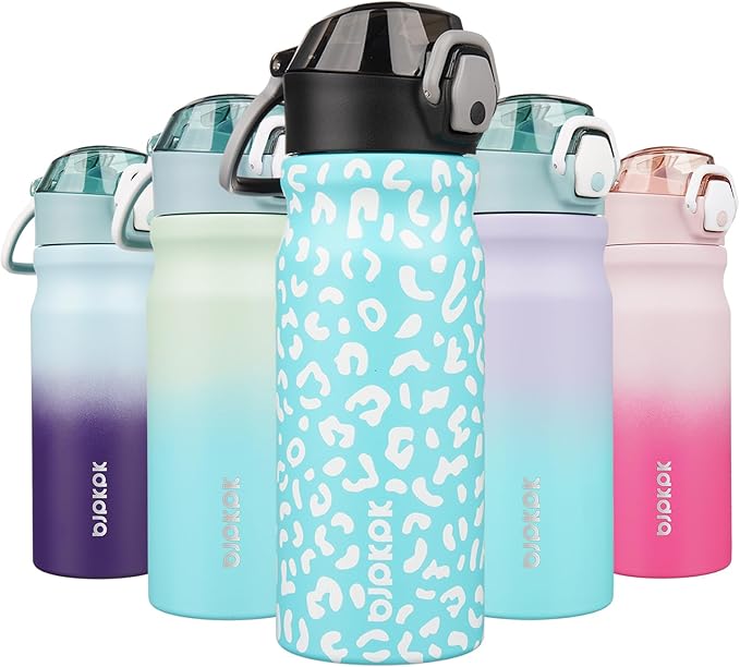 BJPKPK Insulated Water Bottle 18oz Stainless Steel Water Bottles with Straw and Carry Handle Double Wall Metal Thermal Flask,Sky Blue Leopard