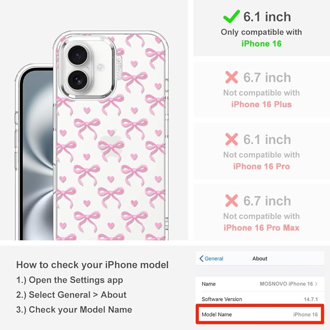 MOSNOVO Case for iPhone 16, [Buffertech 6.6ft Military-Grade Drop Protection] [Anti Peel Off Tech] Clear TPU Bumper Phone Case Cover Design - Bowtiful Love