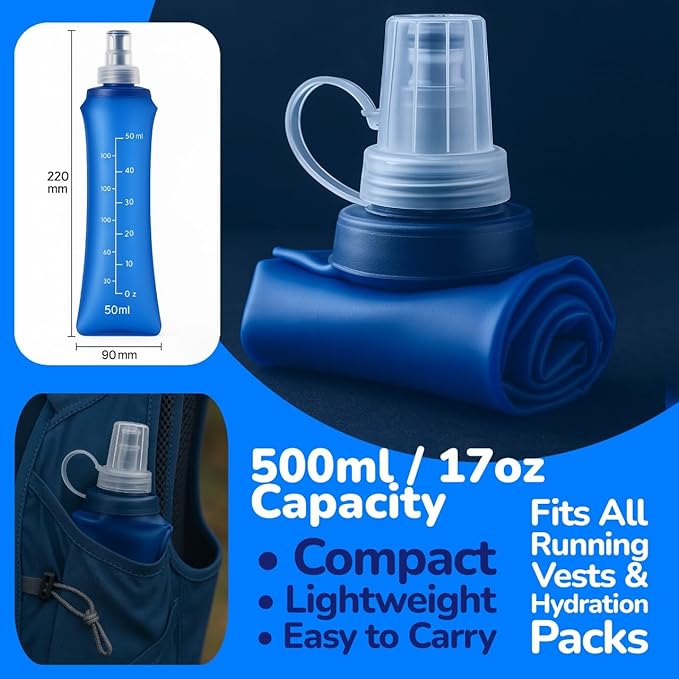 TPU Soft Flask 500ml with Straw & Cap, 2 Pack Collapsible Sports Water Bottles, BPA Free Running Water Bottle with Straw, Lightweight Foldable Flask for Running, Hiking, Trail & Outdoor Activities