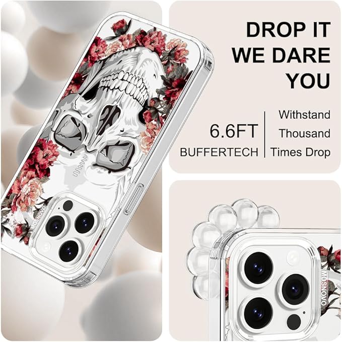 MOSNOVO Case for iPhone 13 Pro, [Buffertech 6.6ft Military-Grade Drop Protection] [Anti Peel Off Tech] Clear TPU Bumper Phone Case Cover Design - Red Flower Skull