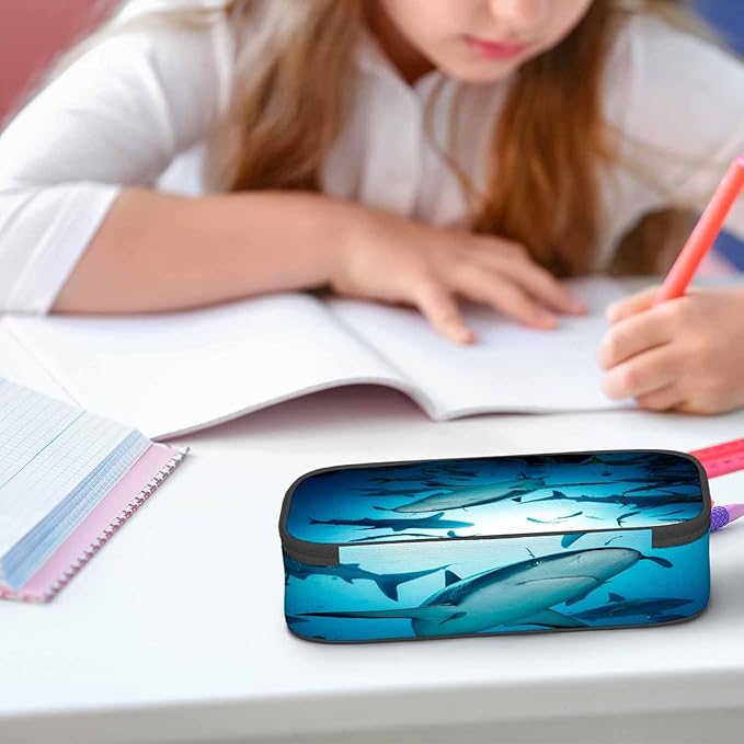 Sharks Pencil Case Organizer Ocean Sea Fish Light Blue Stationery Box Makeup Box School Supply for Boy Girl Men Women