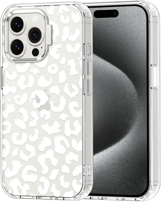 MOSNOVO Case for iPhone 15 Pro Max, [Buffertech 6.6ft Military-Grade Drop Protection] [Anti Peel Off Tech] Clear TPU Bumper Phone Case Cover Design - White Leopard Print