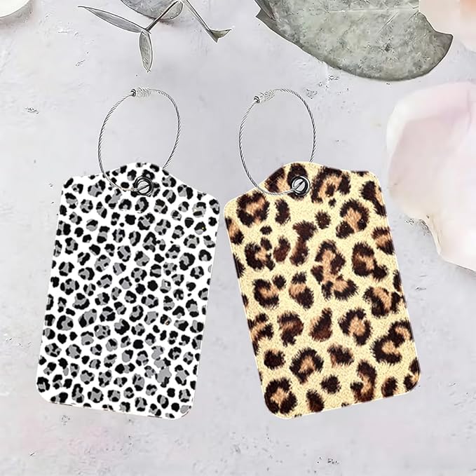 2 Pack Leopard Luggage Tags for Suitcases, Trendy Animal Print Travel ID Tags with Privacy Cover, PU Leather Bag Identifiers, Spring & Summer Vacation Essentials, Mother's Day, 2 Styles