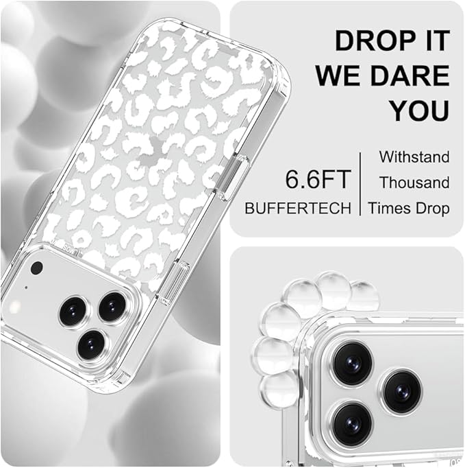 MOSNOVO for iPhone 17 Pro Max Case | Military Grade 6.6ft Drop Tested | Camera Control | Clear with White Leopard Print Design