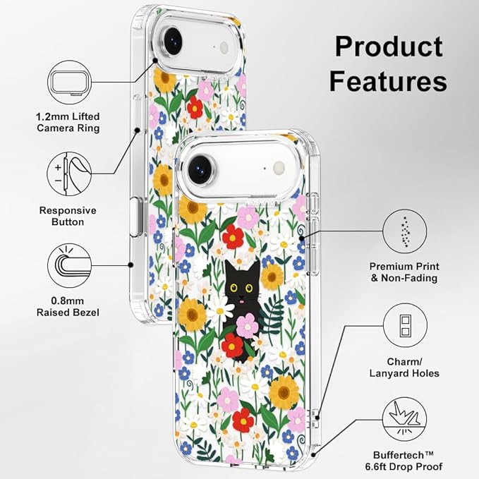 MOSNOVO for iPhone Air Case | Military Grade 6.6ft Drop Tested | Camera Control | Clear with Black Cat in Garden Design