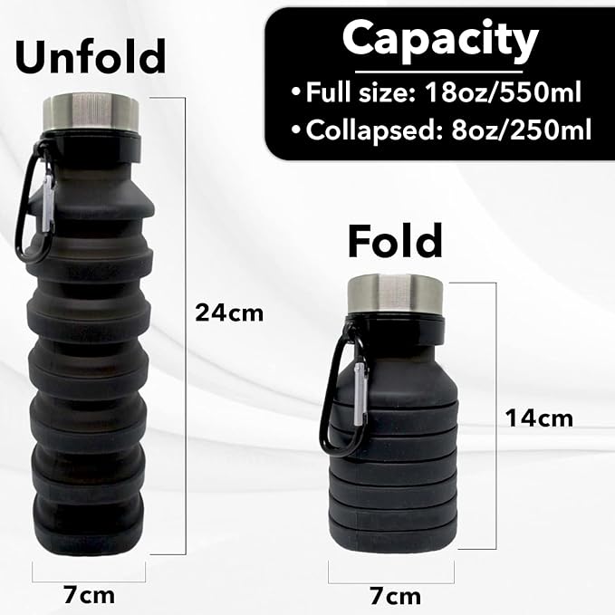 Gadgetime USA Collapsible Water Bottle (Black) - Reusable, BPA Free, Silicone, Foldable Portable & Leak Proof - Water Bottles for Travel Gym Camping Hiking - Sports Water Bottle with Carabiner