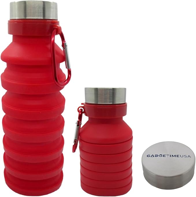 Gadgetime USA Collapsible Water Bottle (Red) Reusable, BPA Free, Silicone, Foldable Portable & Leak Proof - Water Bottles for Travel Gym Camping Hiking - Sports Water Bottle with Carabiner