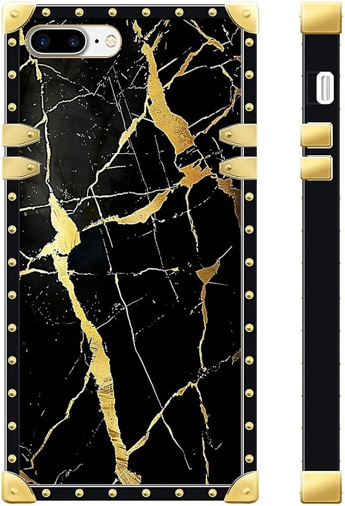Compatible with iPhone 8 7 SE Case, Black Gold Marble Nature Luxury Golden Decoration for Girl Women Soft TPU Shockproof Protective Hard PC Back for iPhone 8 7 SE