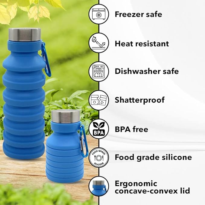 Gadgetime USA Collapsible Water Bottle (Blue) - Reusable, BPA Free, Silicone, Foldable Portable & Leak Proof - Water Bottles for Travel Gym Camping Hiking - Sports Water Bottle with Carabiner
