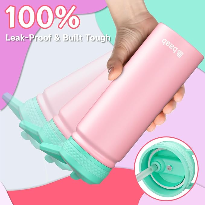 baab 18oz Kids Water Bottle, Insulated Water Bottle with Straw & Stickers, 18/8 Stainless Steel Vacuum Leakproof Kids Water Straw Cup for School, Perfect for Boy Girl (Pink, 1 Pack)