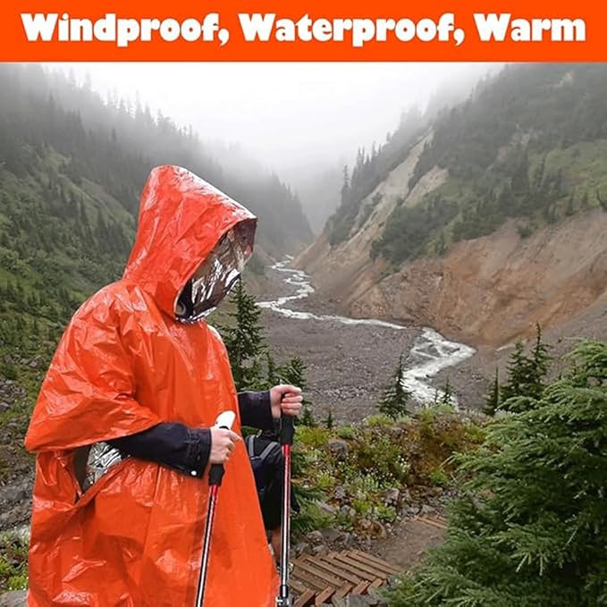 Emergency Survival Poncho (4pc) Thermal Mylar Foil Coating Blanket for Heat Retention and Rain | Reversible with Hood | Waterproof, Windproof, Portable | Orange | 100x130cm