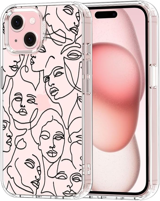 MOSNOVO Case for iPhone 15, [Buffertech 6.6ft Military-Grade Drop Protection] [Anti Peel Off Tech] Clear TPU Bumper Phone Case Cover Design - Abstract Face Line Art