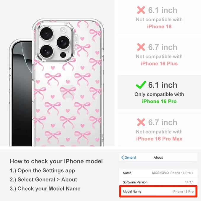MOSNOVO Case for iPhone 16 Pro, [Buffertech 6.6ft Military-Grade Drop Protection] [Anti Peel Off Tech] Clear TPU Bumper Phone Case Cover Design - Bowtiful Love