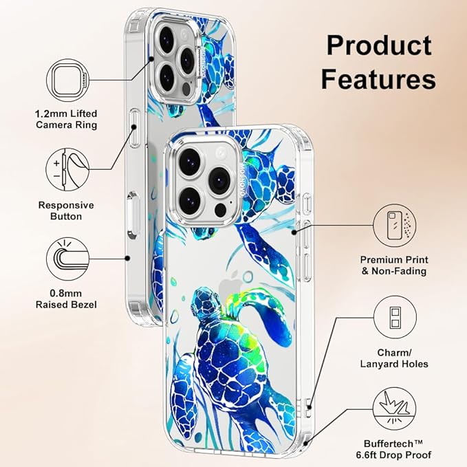 MOSNOVO Case for iPhone 16 Pro, [Buffertech 6.6ft Military-Grade Drop Protection] [Anti Peel Off Tech] Clear TPU Bumper Phone Case Cover Design - Sea Turtles