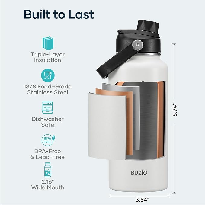 BUZIO 32 oz Water Bottle Insulated, Leakproof Stainless Steel Flask (Cold for 48 Hrs), Wide Mouth BPA-Free Metal Thermo Hydro Canteen with 2 Lids, White