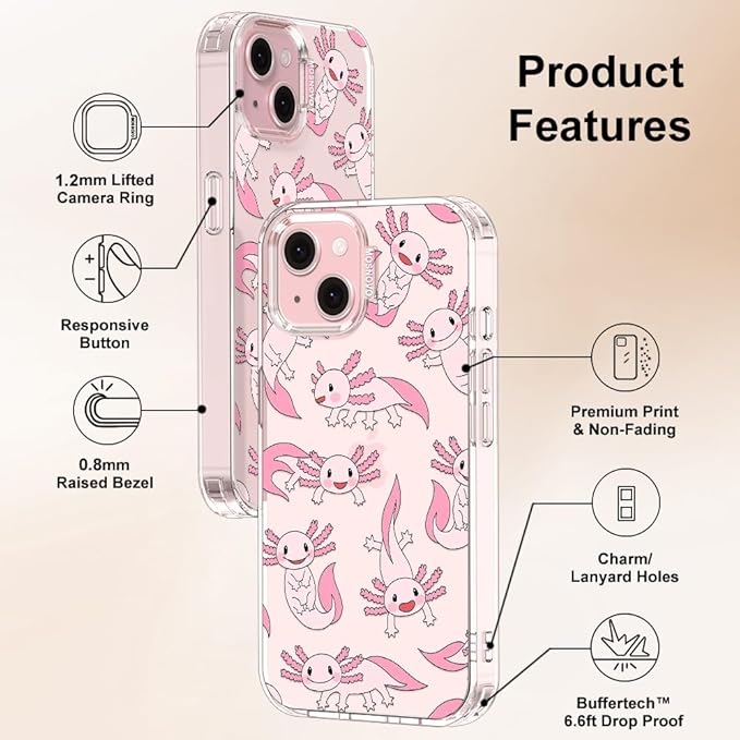 MOSNOVO Case for iPhone 15, [Buffertech 6.6ft Military-Grade Drop Protection] [Anti Peel Off Tech] Clear TPU Bumper Phone Case Cover Design - Pink Axolotl