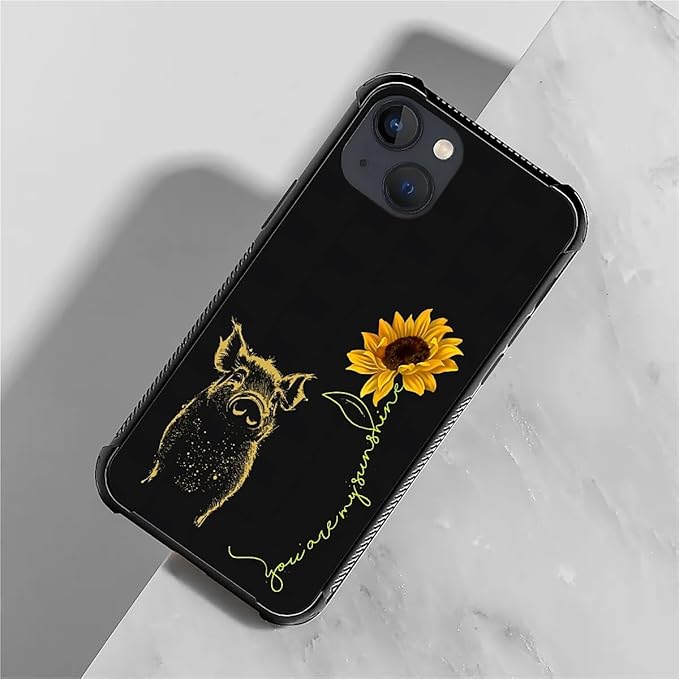 for iPhone 13 Mini Case, Pig Sunflower Yellow Sunshine Pattern Made of Soft Silicone Hard Acrylic Shock Protection for iPhone 13 Mini