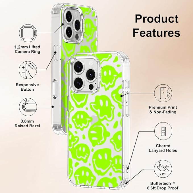 MOSNOVO Case for iPhone 16 Pro, [Buffertech 6.6ft Military-Grade Drop Protection] [Anti Peel Off Tech] Clear TPU Bumper Phone Case Cover Design - Distorted Green Smiles Face