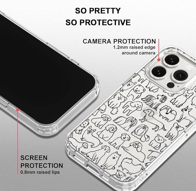 MOSNOVO Case for iPhone 15 Pro, [Buffertech 6.6ft Military-Grade Drop Protection] [Anti Peel Off Tech] Clear TPU Bumper Phone Case Cover Design - Doodle Dog