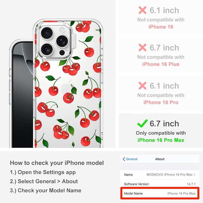 MOSNOVO Case for iPhone 16 Pro Max, [Buffertech 6.6ft Military-Grade Drop Protection] [Anti Peel Off Tech] Clear TPU Bumper Phone Case Cover Design - Cute Cherry