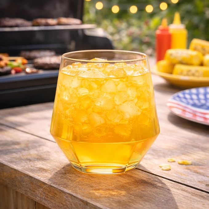 Oojami 40 Pack Diamond Plastic Wine Glasses 12oz Gold Rim Stemless Disposable - Shatterproof Champagne Cocktail Whiskey Cups for Parties, Weddings, Events, BPA-Free