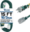 YOJOE Indoor Outdoor Extension Cord with Lighted End, 3 Prong 13A Weatherproof Power Cord, 16 Gauge Heavy Duty 15 ft Green Extension Cord for Garage, Garden and Home, 16/3 SJTW UL Listed