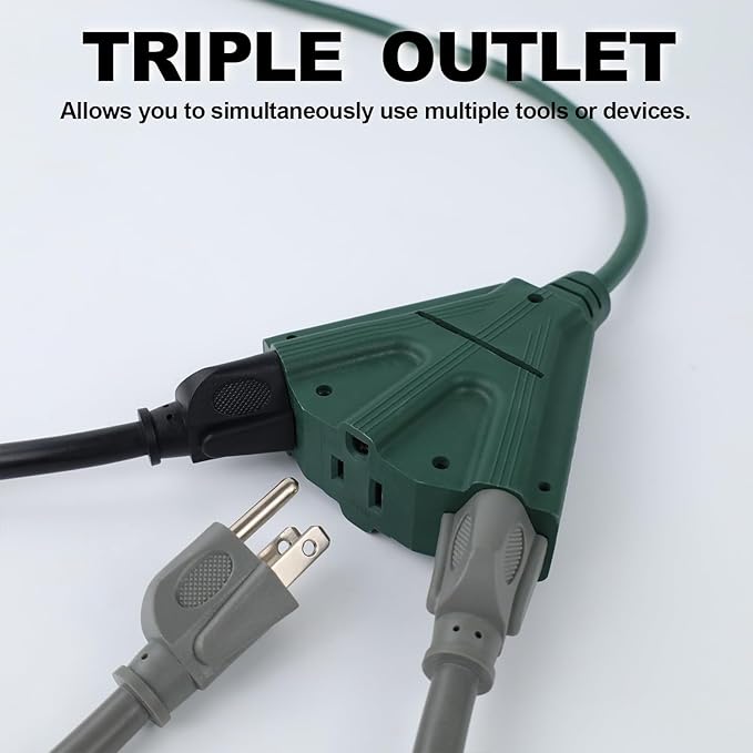 EP 2 Pack 15 Ft Outdoor Extension Cord with 3 Electrical Power Outlets - 16/3 SJTW Green Cable with 3 Prong Grounded Plug for Safety Great for Christmas Lights, Garden and Major Appliances