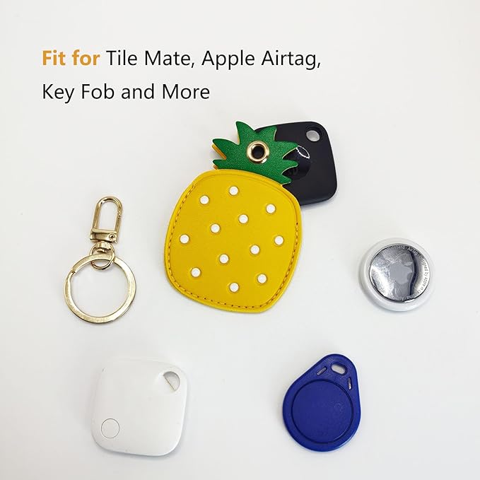 Universal Smart Tag Holder Fit for Tile Mate, AirTag, Galaxy SmartTag, eufy SmartTrack Link, Key Fob, Leather Cute Air Tracker Case with Key Rings, (Pineapple)