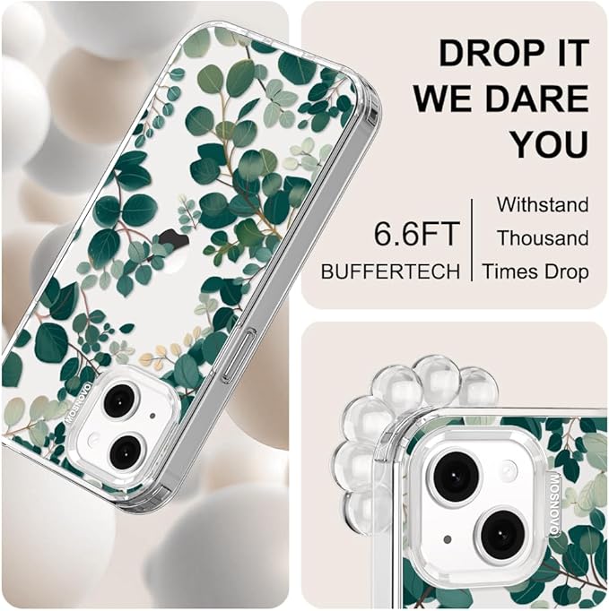 MOSNOVO for iPhone 13/14 Case | Military Grade 6.6ft Drop Tested | Clear with Eucalyptus Design