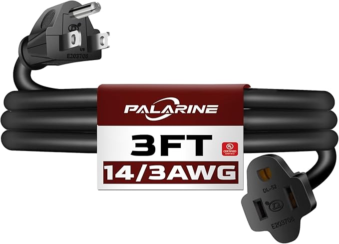 3ft Black Extension Cord Waterproof, UL Listed, 14/3 SJTW Heavy Duty 3 Prong, 14 Gauge 15A Power Cord Ideal for Lights, Appliances, and Lawn