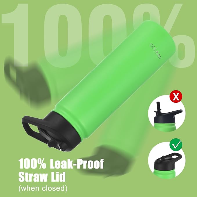 mininoo 24 oz Insulated Water Bottle with Straw, Stainless Steel Double Wall Vacuum with Straw Lid & Chug Lid, Leak Proof, BPA Free, Keep Cold for 24H & Hot for 12H(Green)