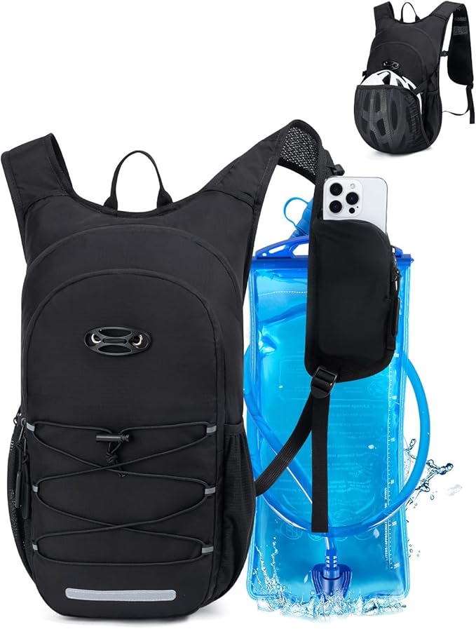 Hydration Backpack with 2L Water Bladder, Hiking Water Backpack for Men Women with Phone Pocket and Helmet Holder