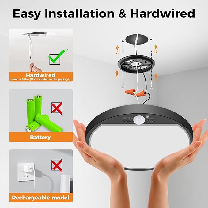 slochi 2Pack Motion Sensor Light Indoor Wired, 8.7 Inch 3000K/4000K/6500K Closet Lights Motion Sensored, 18W 1800LM Flush Mount Ceiling Light for Hallway Pantry Stairwell Porch, Black