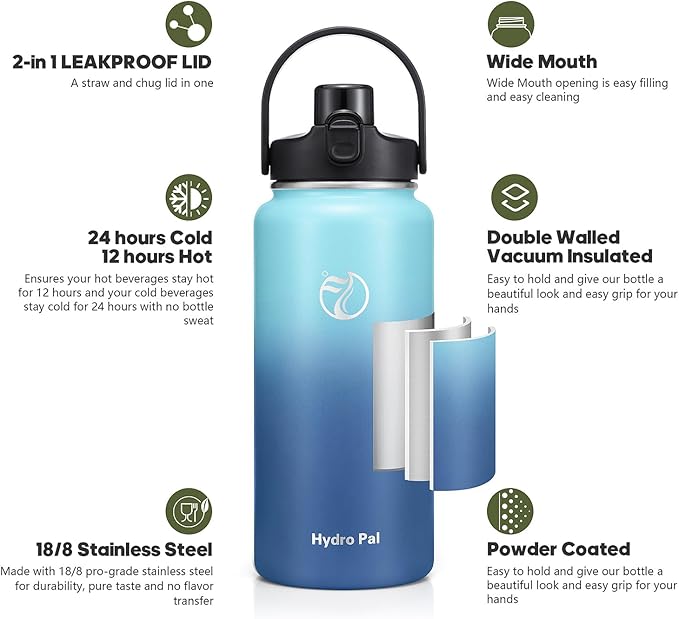 64oz Half Gallon Insulated Water Bottle with 2-in-1 Lid (Chug & Straw), Double Walled Vacuum Stainless Steel Water Bottles, Wide Mouth Leakproof Insulated Jug with Straw