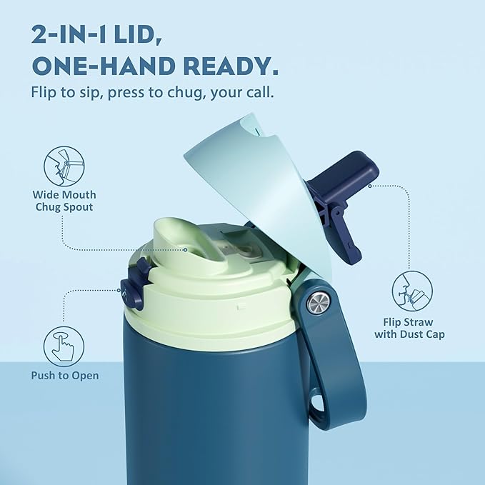 POWCAN 18 oz Insulated Stainless Steel Water Bottle: 2-in-1 Push-Button Spout & Quick-Flip Straw, Leakproof, Cold 24 Hrs, Fits Car Cup Holder, Reusable Metal Bottle for Sports(Denim Blue)