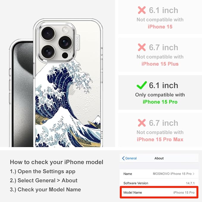 MOSNOVO Case for iPhone 15 Pro, [Buffertech 6.6ft Military-Grade Drop Protection] [Anti Peel Off Tech] Clear TPU Bumper Phone Case Cover Design - Great Wave