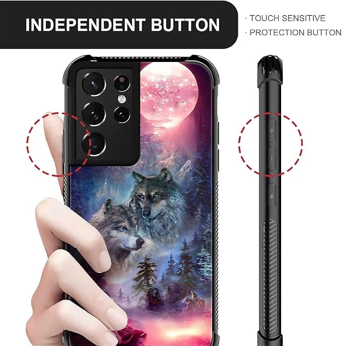 for Samsung Galaxy S21 Ultra Case, Star Two Wolfs Howling Pattern Graphic Design Girl Boy Soft Silicone Hard Acrylic Shock Protection for Samsung Galaxy S21 Ultra